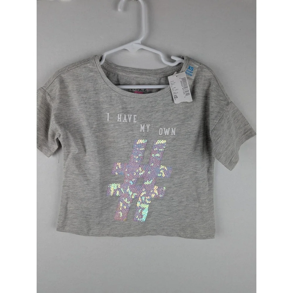 The Childrens Place Girls Gray Hashtag Sequin Crop Tee XS‎ TP 4